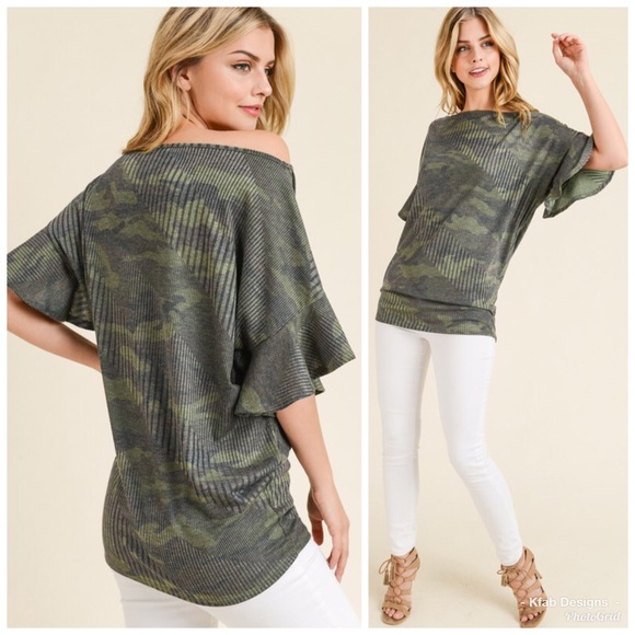 🥰LAST 1! Ribbed Ruffle Camo Off Shoulder Top! - Picture 4 of 4